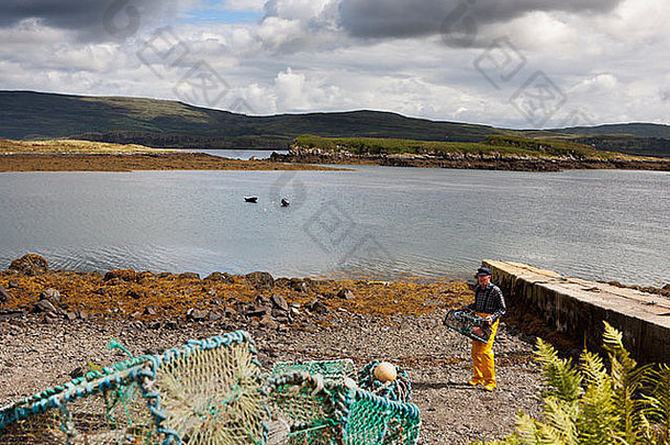 creel龙虾虾渔夫海钓鱼creel水网设备港港口陷阱抓筒子架dunvegan岛斯凯岛苏格兰