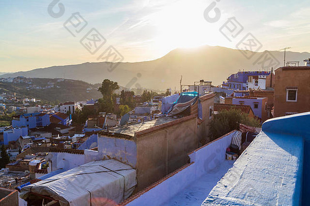 视图阳台舍夫豪恩蓝色的珍珠山摩洛哥秋天日落典型的旅游目的地马格里布