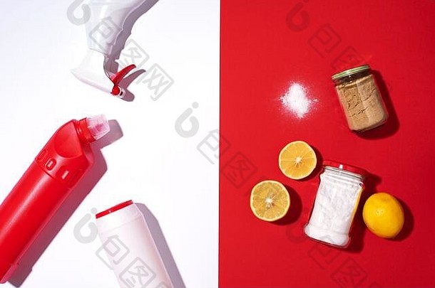 烘焙苏打水柠檬芥末粉家庭化学物质产品红色的背景前视图复制空间平躺有效的安全房子清洁