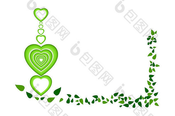 链绿色多层次的心叶子边境框架孤立的白色背景