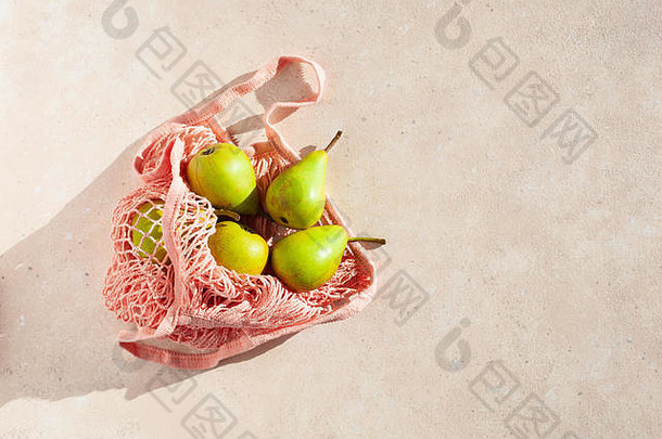 水果梨可重用的网棉花袋塑料免费的浪费概念