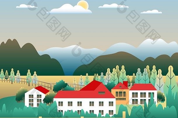山山景观房子农场平风格设计森林谷插图绿色字段草地树蓝色的天空太阳农村