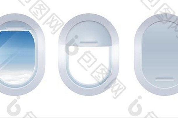 集飞机窗户孤立的白色背景现实的舷窗飞机白色塑料开放关闭窗口阴影