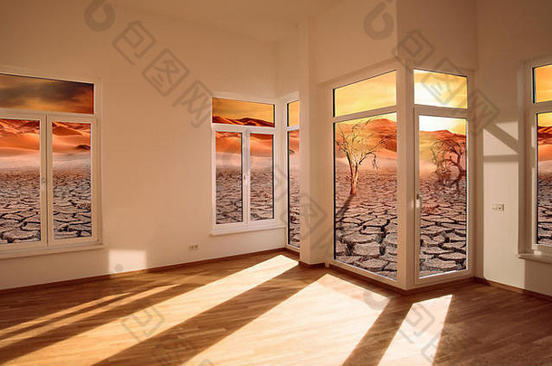 视图房子贫瘠的沙漠景观日落