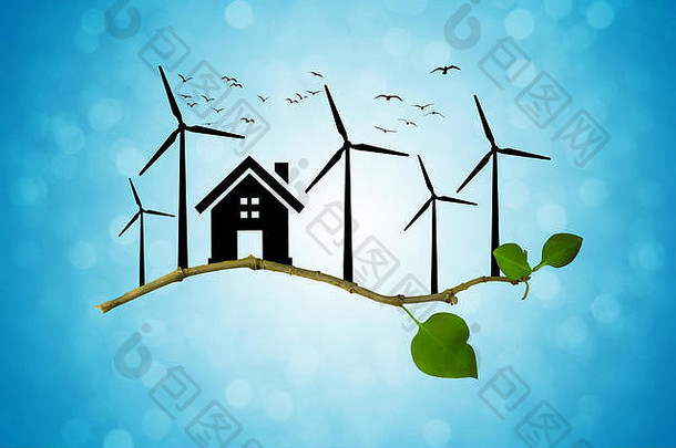 环境绿色能源概念轮廓房子风涡轮鸟飞行树分支