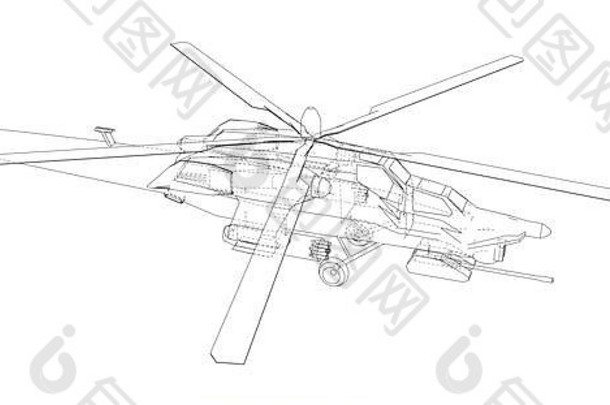 直升机大纲风格创建线框插图