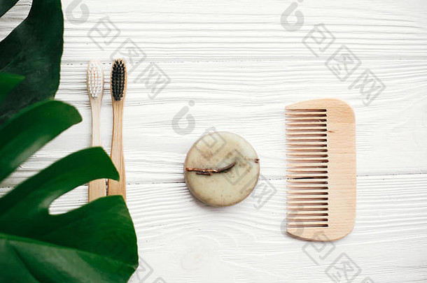 浪费概念自然生态友好的竹子牙刷固体洗发水酒吧刷肥皂白色木绿色monstera叶子生态产品