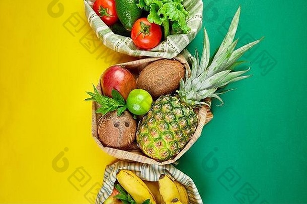 生态购物袋有机<strong>水果</strong>蔬菜黄色的背景