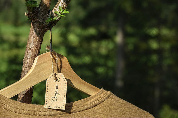 有机衣服自然彩色的t恤挂木悬挂器老浆果树生态纺织标签绿色森林自然背景
