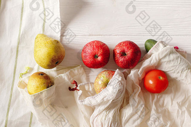 浪费食物购物生态自然袋<strong>水果</strong>生态友好的平躺可持续发展的生活方式概念塑料免费的项目重用减少矩形