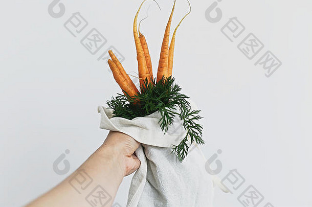 选择塑料免费的手持有可重用的生态友好的帆布袋新鲜的胡萝卜绿色植物白色背景浪费杂货店购物