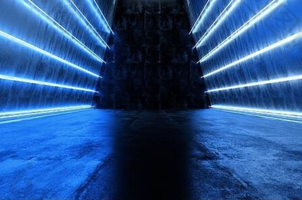 霓虹灯激光发光的网络sci未来主义的现代复古的科技跳舞俱乐部经典潘通色卡蓝色的灯黑暗难看的东西反光混凝土隧道相关系数