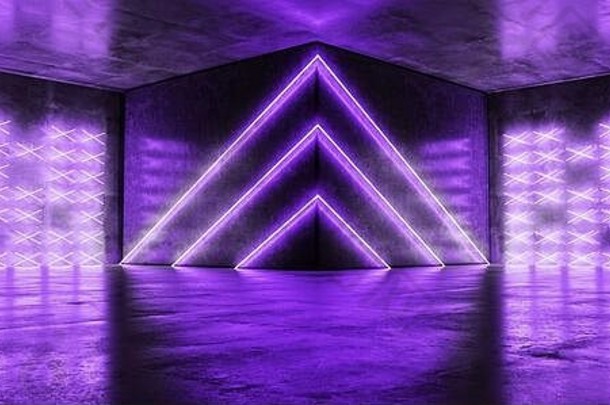 霓虹灯网络sci未来主义的现代阶段讲台上三角形形状的紫色的发光的领导激光跳舞俱乐部灯黑暗难看的东西混凝土反光房间空