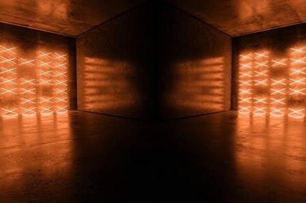 霓虹灯网络sci未来主义的现代阶段讲台上交叉形状的橙色发光的领导激光跳舞俱乐部灯黑暗难看的东西混凝土反光房间空