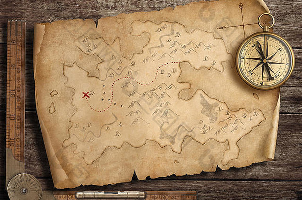 海盗的地图黄铜指南针冒险旅行概念插图