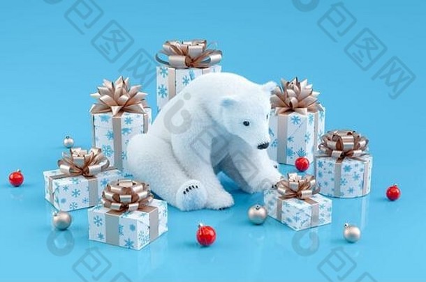 可爱的极地熊圣诞节礼物盒子蓝色的背景快乐圣诞节快乐一年卡插图