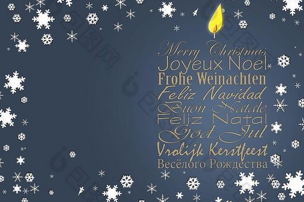 快乐圣诞节业务卡圣诞节祝愿欧洲语言英语法国德国葡萄牙语意大利西班牙语瑞典荷兰俄罗斯蓝色的背景雪花插图
