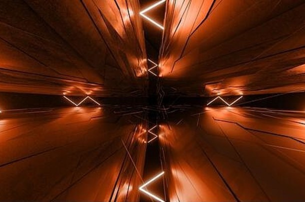 摘要sci未来主义的霓虹灯橙色隧道充满活力的平铺的墙走廊反光电激光发光的黑暗背景呈现插图