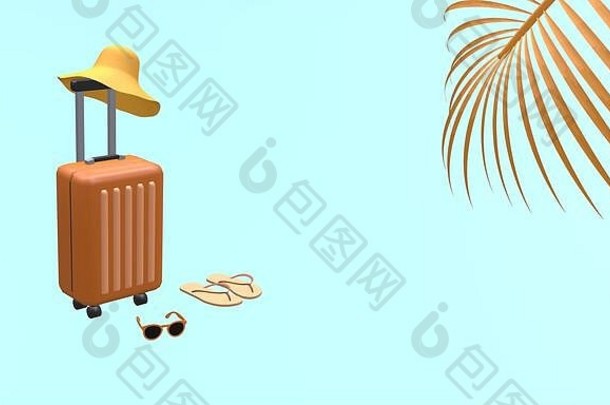 橙色手提箱他太阳镜释放棕榈树叶蓝色的背景旅行假期假期概念呈现插图