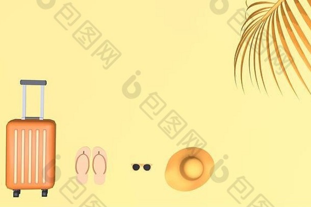 橙色手提箱他太阳镜释放棕榈树叶黄色的背景旅行假期假期概念呈现插图
