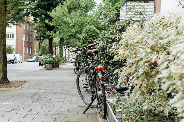 自行车停房子美丽的街环保受欢迎的运输小城市