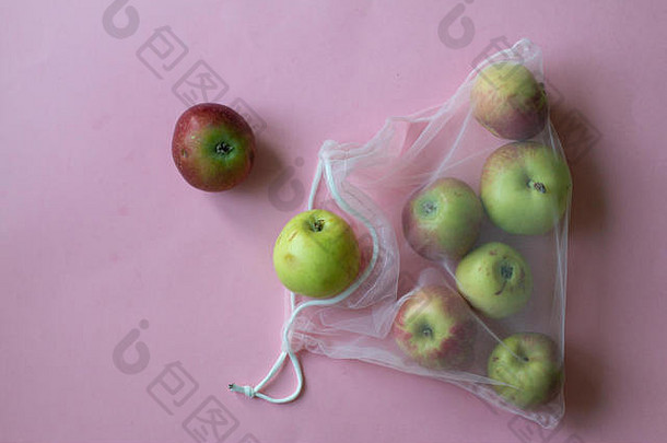 集团苹果手工制作的棉花袋塑料环保时尚的概念可重用的的事情