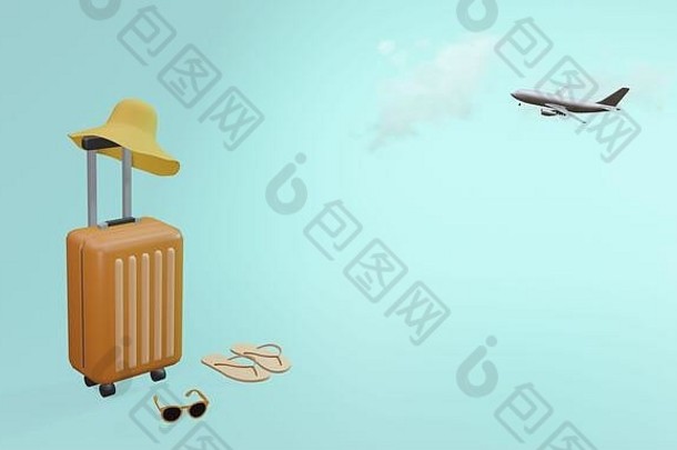 橙色手提箱他太阳镜释放飞行飞机蓝色的背景旅行假期假期概念呈现插图