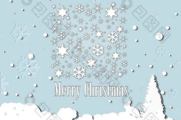 蓝色的圣诞节背景雪花雪兔子圣诞节树文本快乐圣诞节圣诞节优雅的卡插图