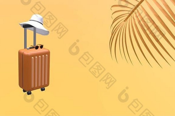 橙色手提箱他太阳镜棕榈树叶橙色背景旅行假期假期概念呈现插图