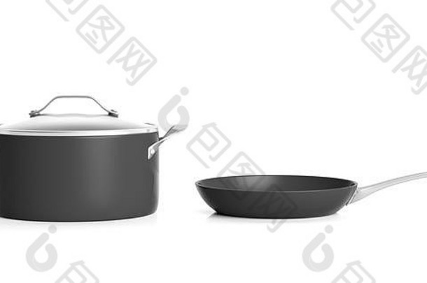 黑色的不锈钢钢烹饪能玻璃成员煎锅孤立的白色背景插图