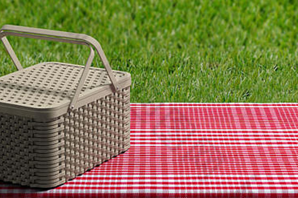 野餐柳条篮子红色的网纹桌布绿色草背景横幅复制空间插图