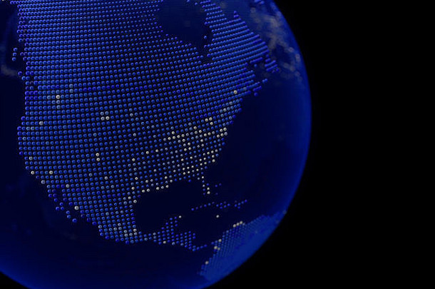 蓝色的点世界全球北美国地图插图白色点城市黑暗背景