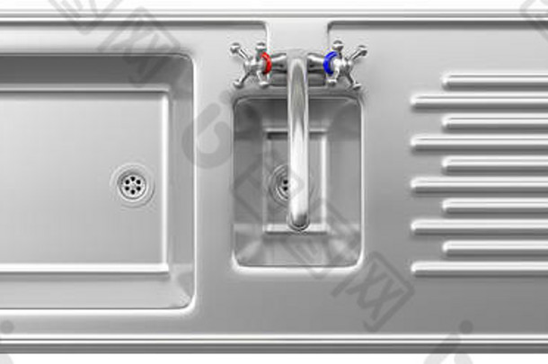 不锈钢钢厨房水槽水利用孤立的白色背景前视图插图