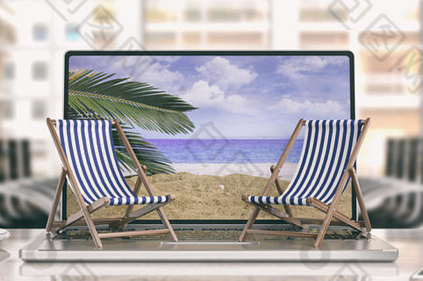 做梦夏天假期海滩椅子电脑办公室背景插图