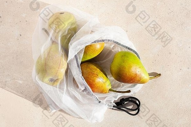梨水果可重用的网尼龙袋塑料免费的浪费概念