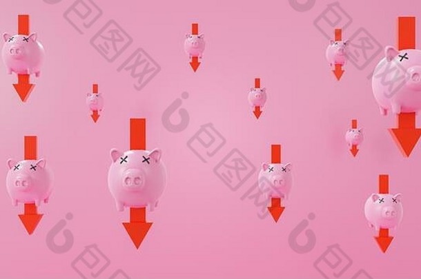 小猪银行刺红色的箭头粉红色的背景渲染插图