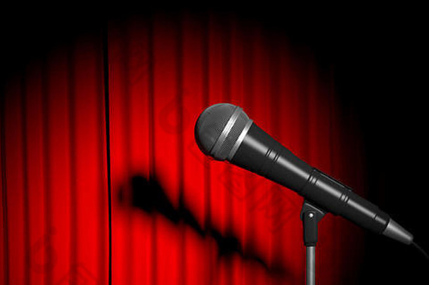 剧院阶段电缆麦克风红色的窗帘背景插图
