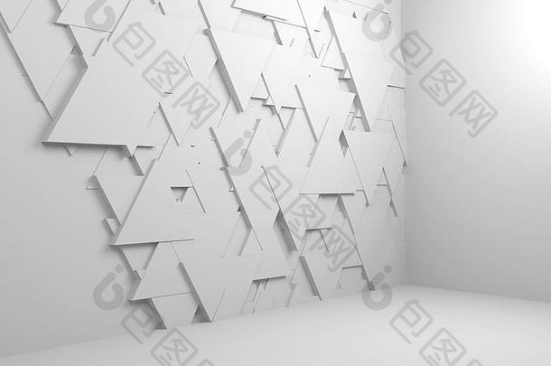 摘要空白色室内背景随机三角形瓷砖模式墙渲染插图