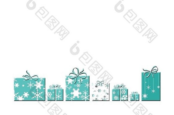 奢侈品圣诞节一年问候卡<strong>蒂芙尼蓝</strong>色的单词快乐圣诞节快乐一年白色背景摘要包装绿松石蓝色的礼物盒子白色雪花插图