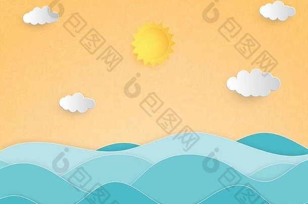 有创意的插图夏天背景概念纸减少风格景观海波夏天季节设计宣传册网络横幅摩天观景轮帖子