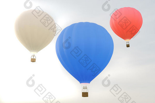 插图热空气气球天空背景白色红色的蓝色的绿色黄色的空气气球苍蝇天空