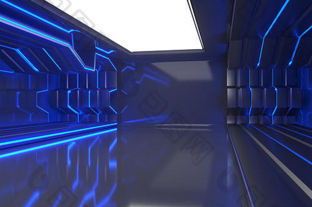 黑暗空科幻未来主义的船房间反光表面呈现插图