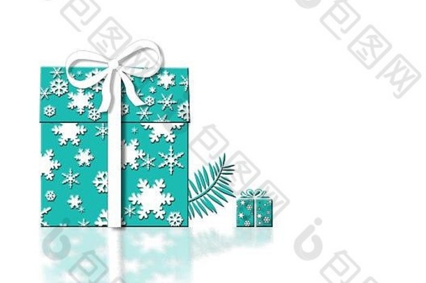 奢侈品圣诞节一年问候卡概念<strong>蒂芙尼蓝</strong>色的礼物盒子使雪花白色背景反射插图复制空间