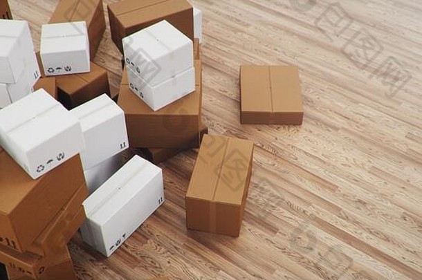 插图堆纸板盒子交付货物包裹纸板盒子首页房间木地板上包交付