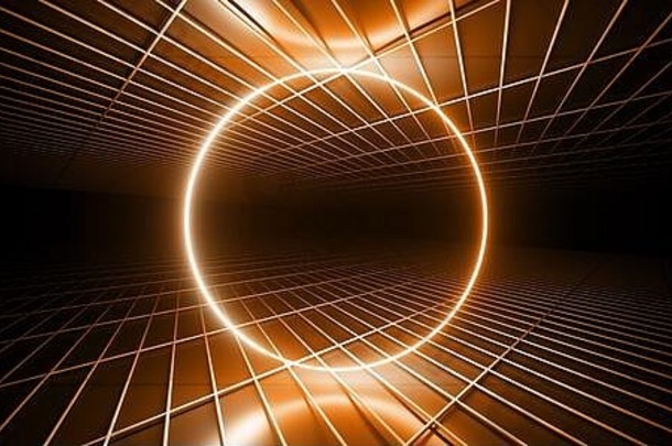 未来主义的sci黑暗俱乐部跳舞圆形状的霓虹灯灯发光的橙色空反光网网格金属优雅的现代房间呈现今市子