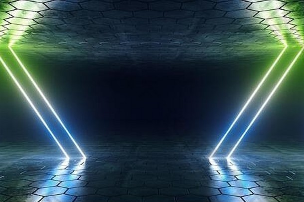 未来主义的科幻蓝色的绿色发光的霓虹灯管行灯黑暗房间六角形状的地板上天花板空空间地下车库