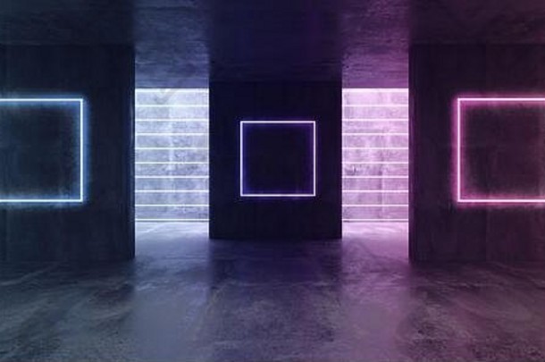 未来主义的科幻混凝土地下画廊霓虹灯管条纹灯紫色的蓝色的发光的霓虹灯矩形形状空空间壁纸renderi