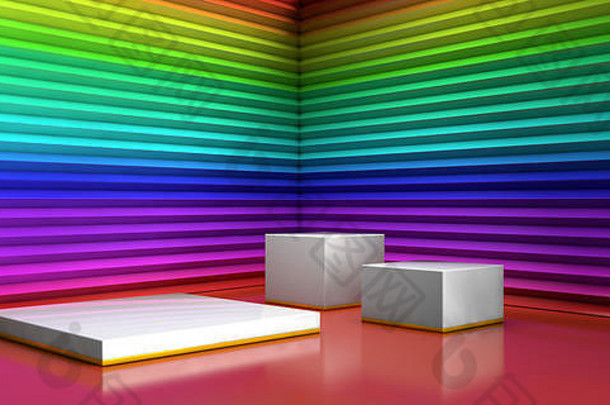 场景几何形式白色广场平台最小的彩虹色彩斑斓的背景商业广告彩虹色彩斑斓的锯齿形墙形式