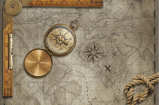 地图背景指南针绳子统治者冒险旅行概念插图