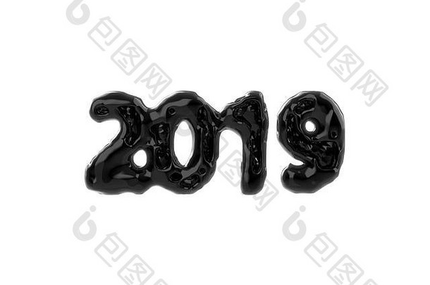 快乐一年横幅数字使明亮的光滑的塑料黑色的壳牌反映了lowpoly核心内部孤立的白色背景摘要插图